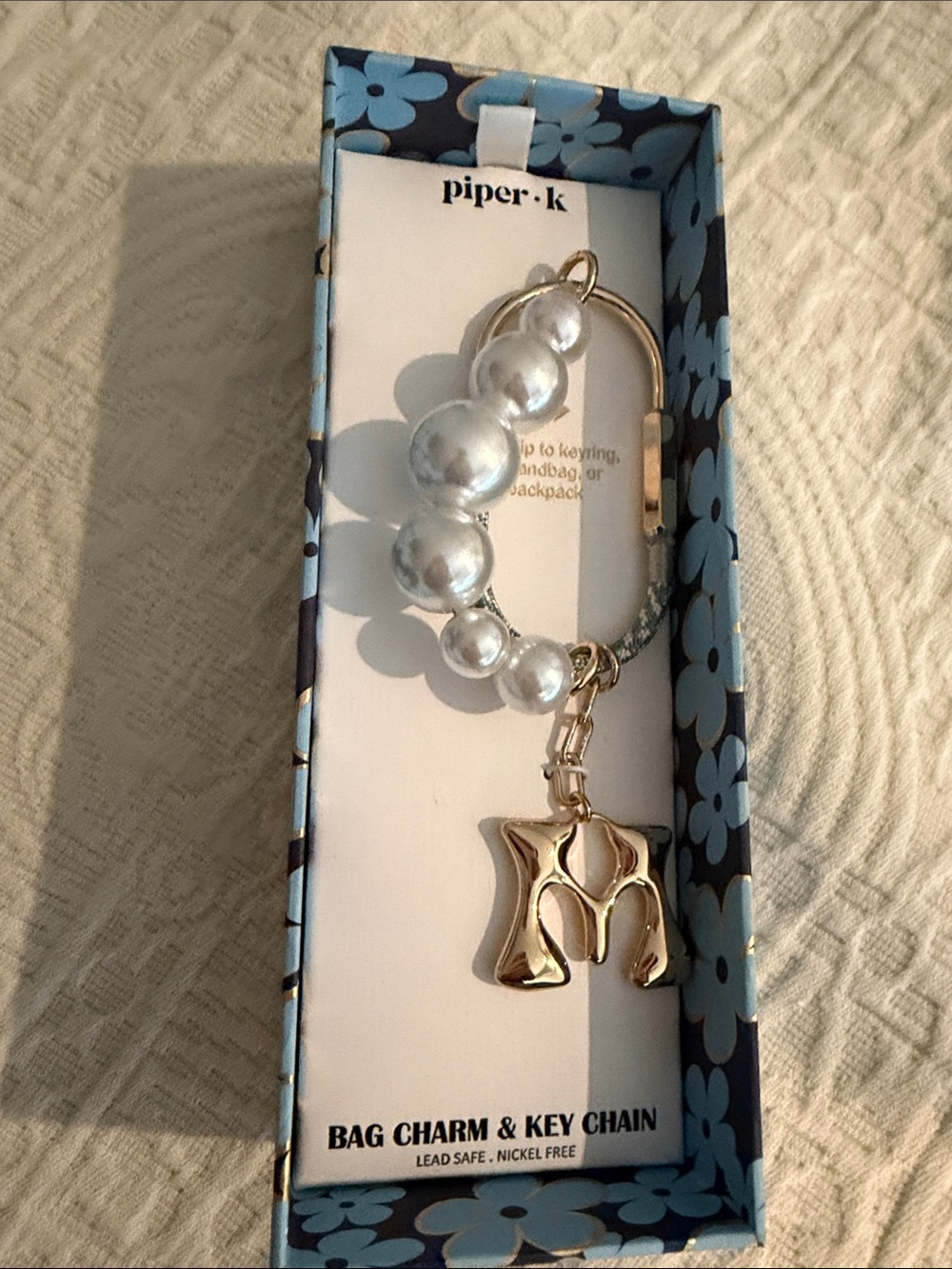 Piper·K Gold 'M' Initial Key Chain with Pearl Accent